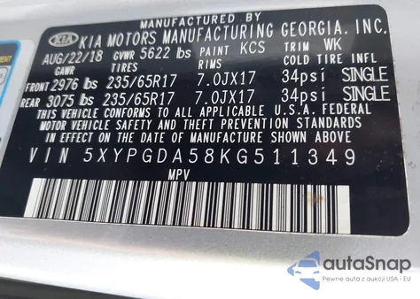 2019 Kia Sorento 3.3L Lx from USA, damaged, VIN 5XYPGDA58KG511349